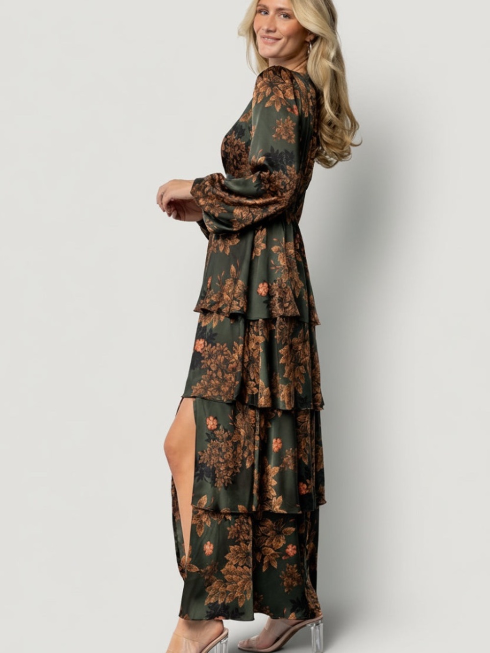 Baltic Born Montrouge Tiered Satin Dress | Olive Floral Size XLXL - Picture 3 of 5